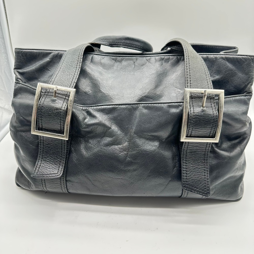 Kenneth Cole New York Black Leather Shoulder Bag Triple Compartment Buckle Tote